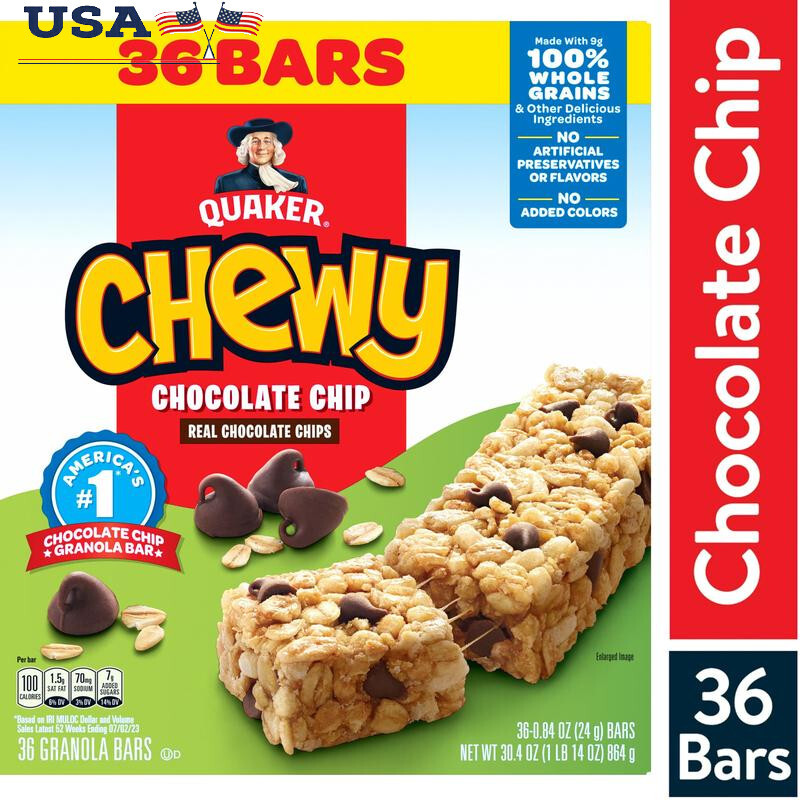 Chewy Granola Bars Chocolate Chip Flavor 36 Count Whole Grain Healthy Snack New