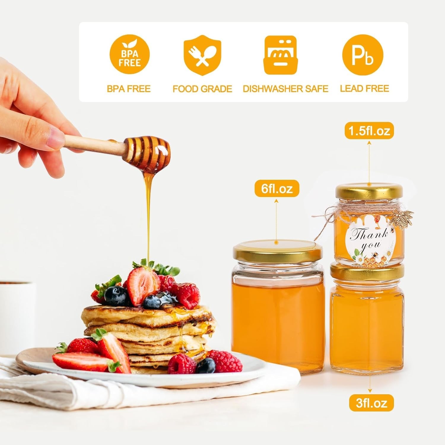 Hexagon Glass Jars – 60 Pack with Bee Pendants, Gold Lids