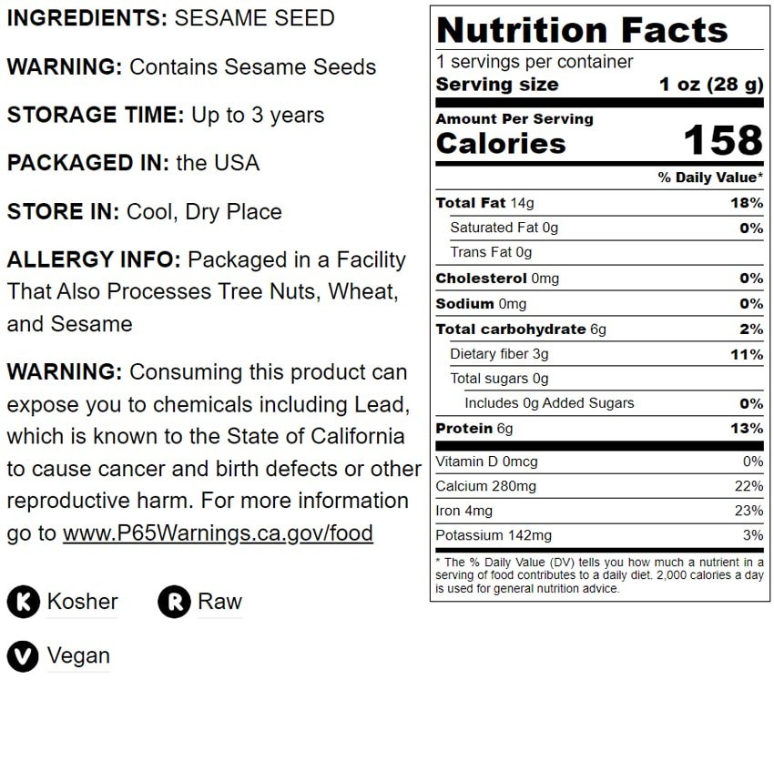 Unhulled Sesame Seeds — Whole Natural Raw White Sesame Seeds, Kosher, Vegan
