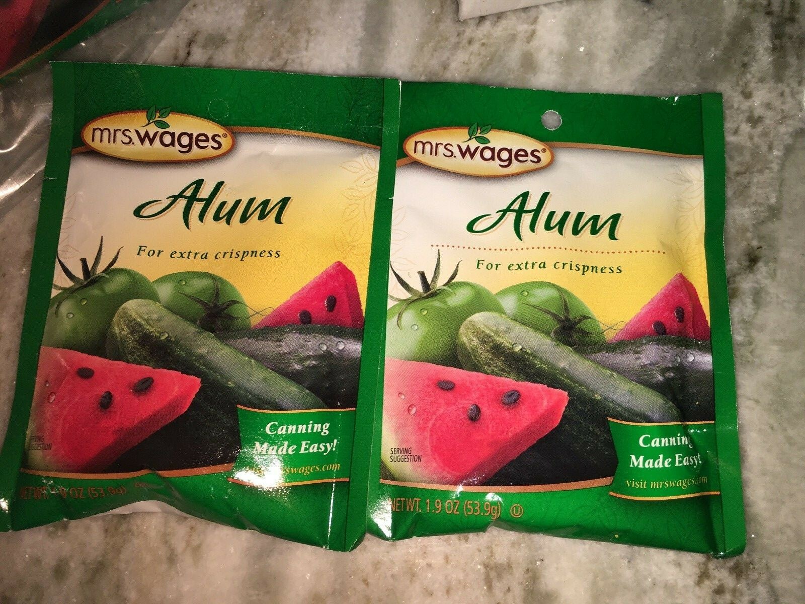 2 Packs Mrs. Wages Alum for extra crispness Pickles Melon Rinds Cherry 1.9 oz