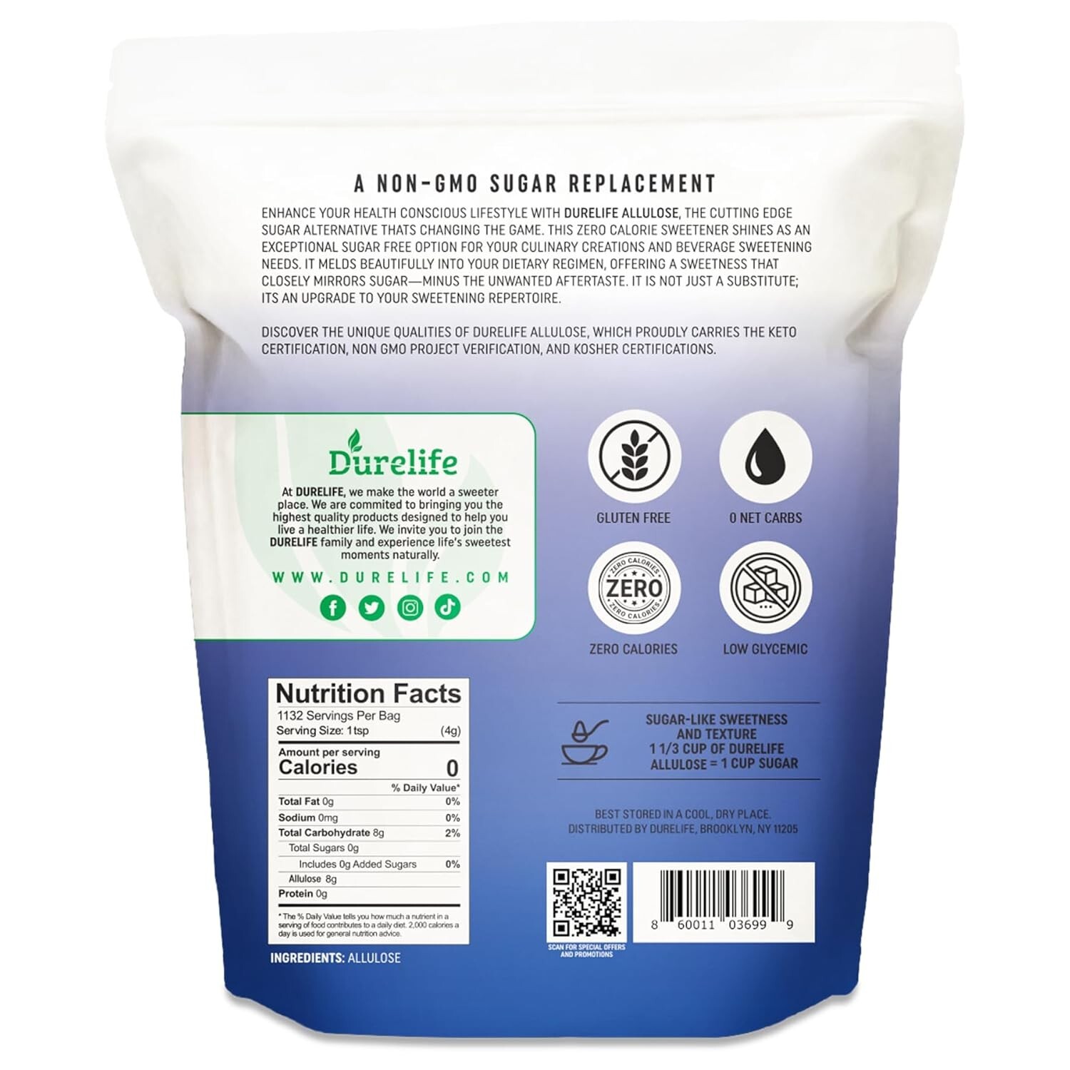 Durelife Allulose sweetener 100% Pure Powdered Sugar Substitute 10 lb