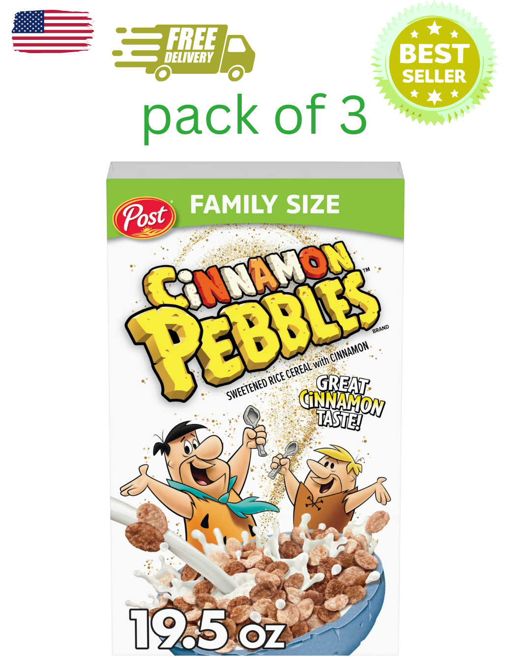 Post Cinnamon Pebbles Cereal Gluten Free 19.5oz Family Size Pack of 2