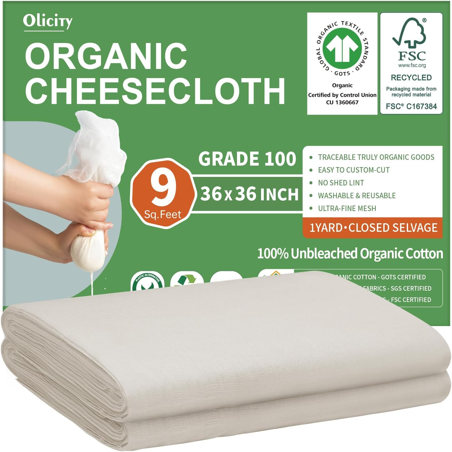 Organic Cheese Cloths, GOTS Certified, Grade 100, 36x36Inch, Reusable Cheese Clo