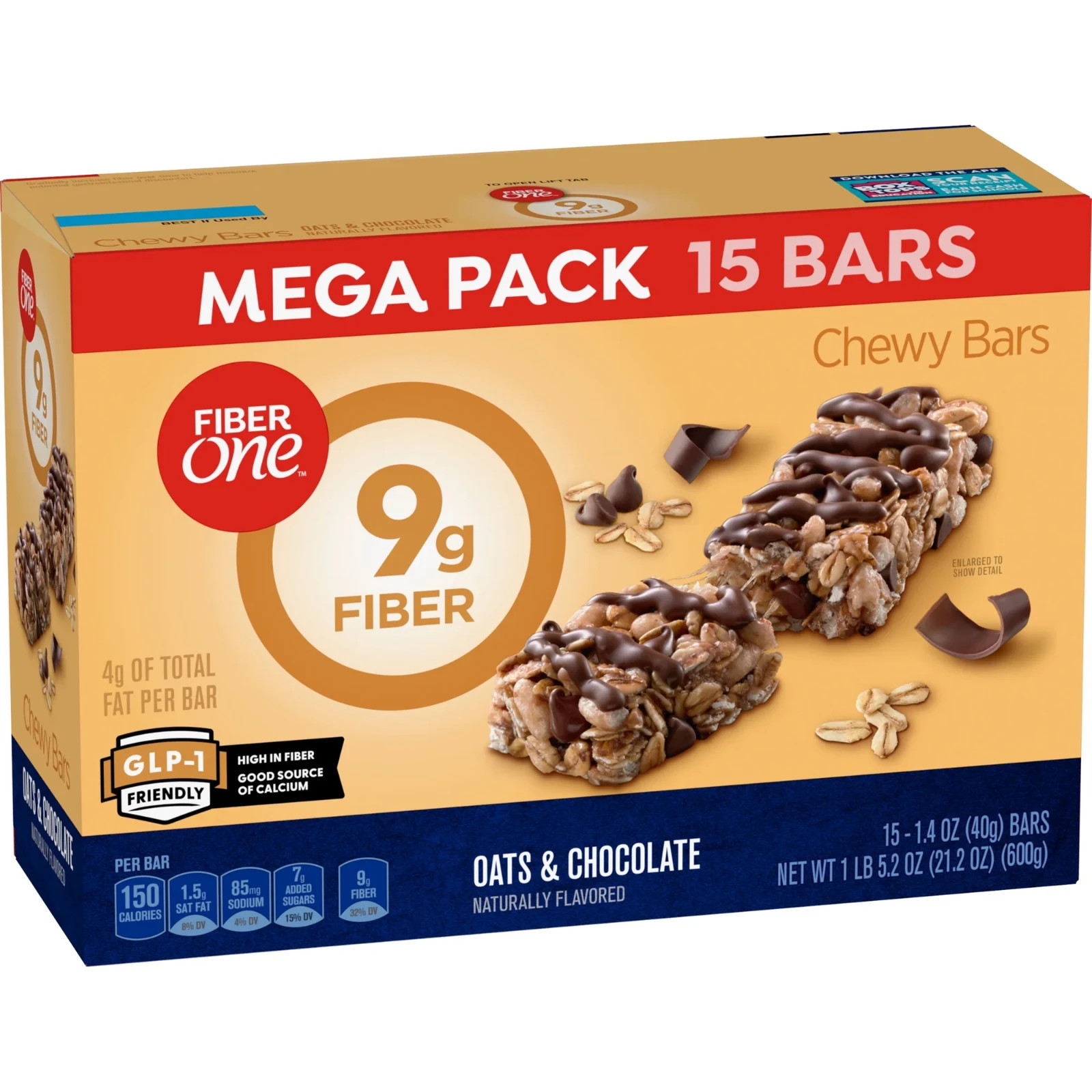 Fiber One Chewy Bars, Oats & Chocolate, Fiber Snacks, Mega Pack, 15 ct