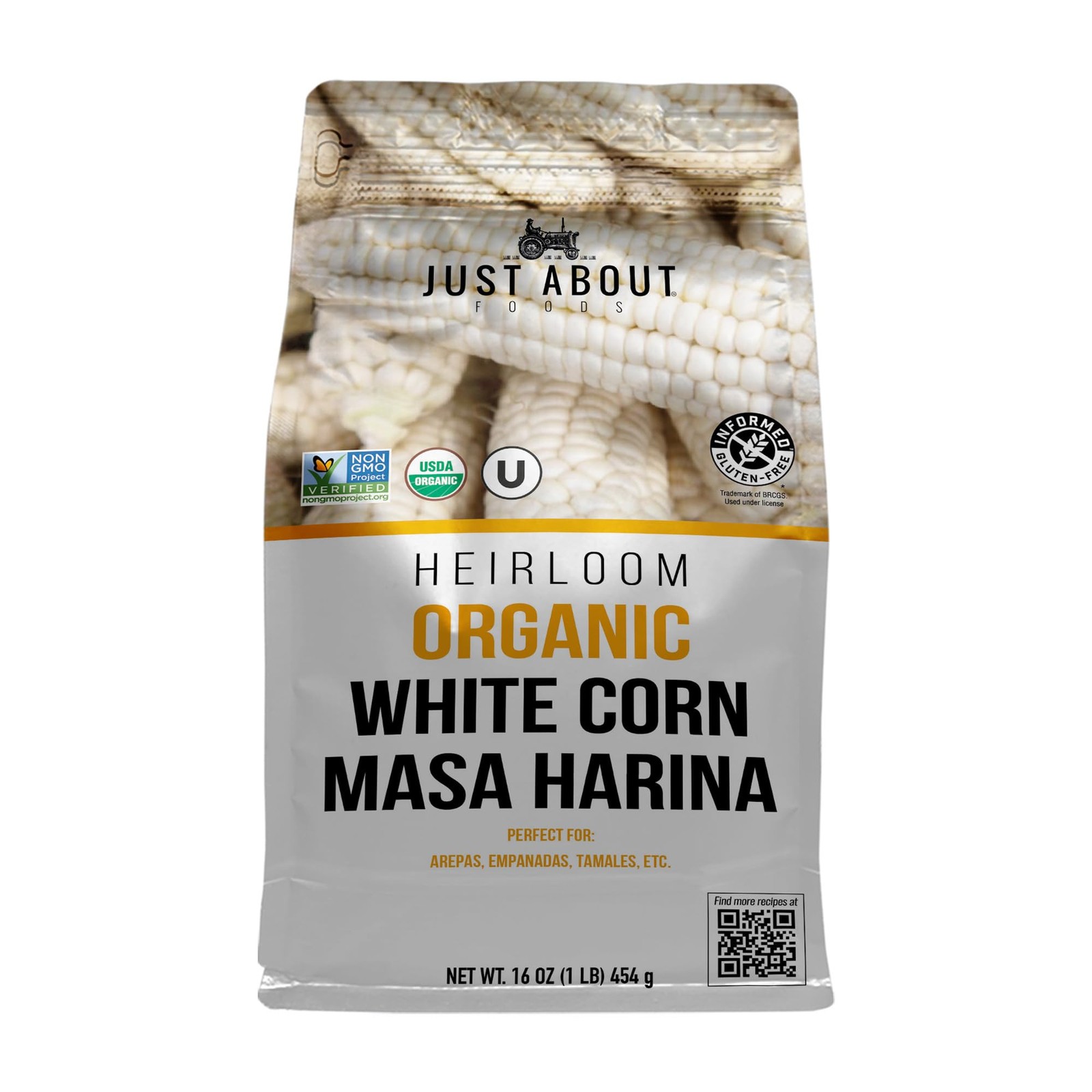 Just About Foods Organic Heirloom White Corn Masa Harina 16 Ounce (Pack of 1)