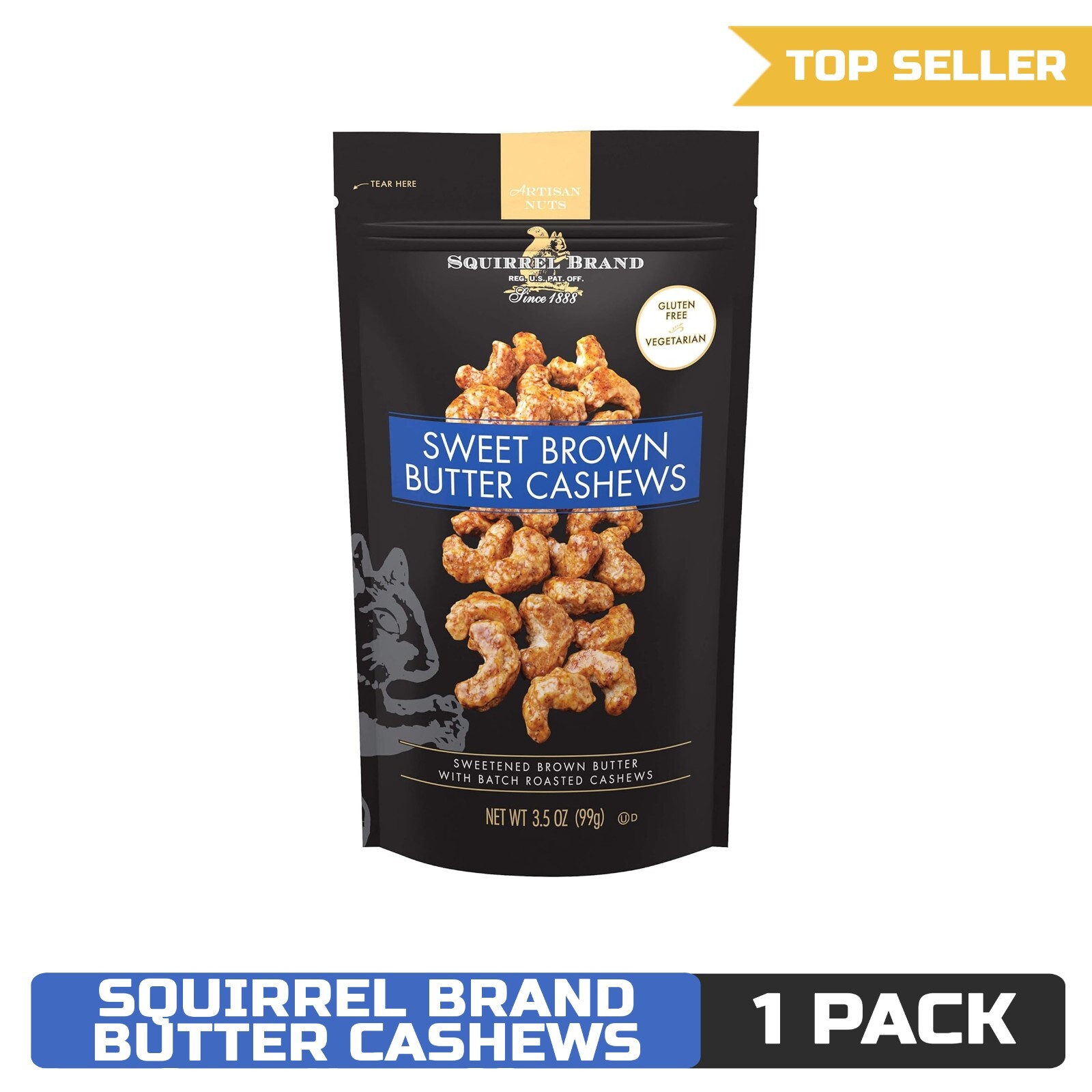 Squirrel Brand Sweet Brown Butter Cashews, 3.5 oz Resealable Bag, Gluten-Free