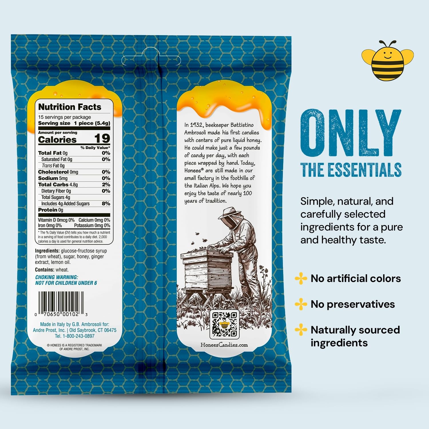 Honees Honey-Ginger Hard Candy Individually Wrapped Natural-Healthy Candy 2.85oz