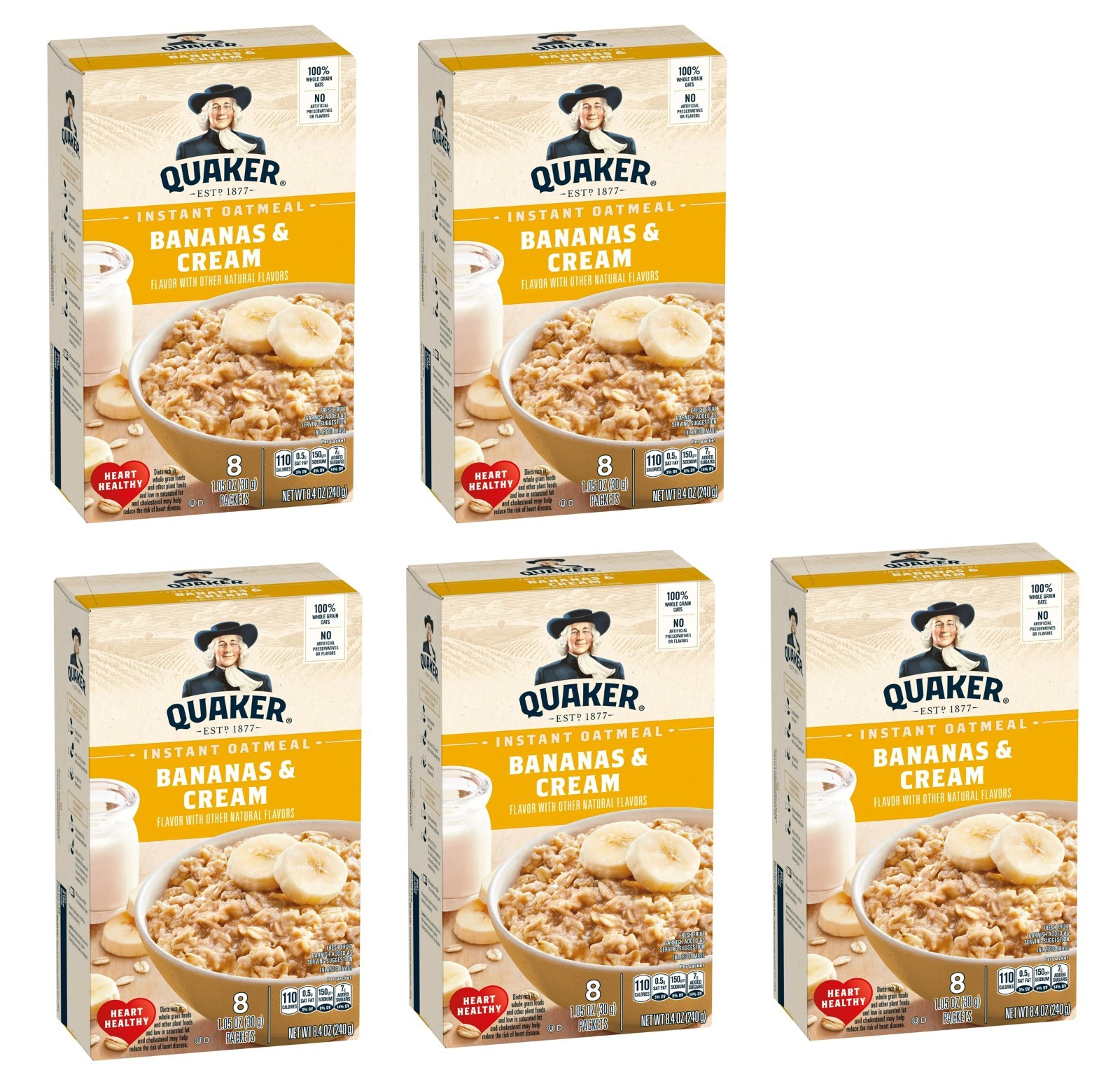 Quaker Instant Oatmeal Bananas & Cream 5 Boxes, 1.05 oz of 8 Packets in each box