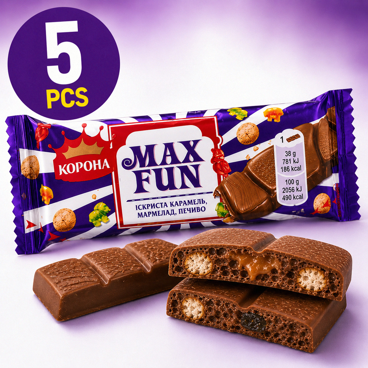 Korona Max Fun Milk Chocolate with Gummy Candy, Cookies, and Caramel 38g 5-20pcs