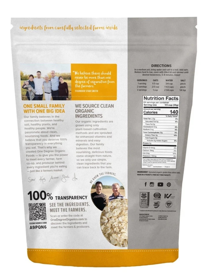One Degree Organic Gluten Free Sprouted Rolled Oats 5 Lbs (80 Oz) EXP 04/2027