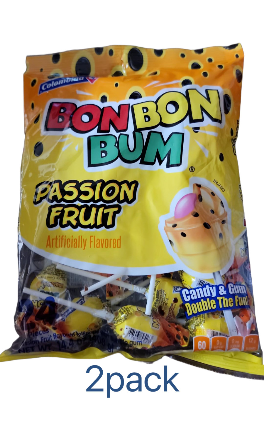 Colombina Bon Bon Bum Passion fruit or Mango Bubble Gum Lollipops, 2 Pack of 24