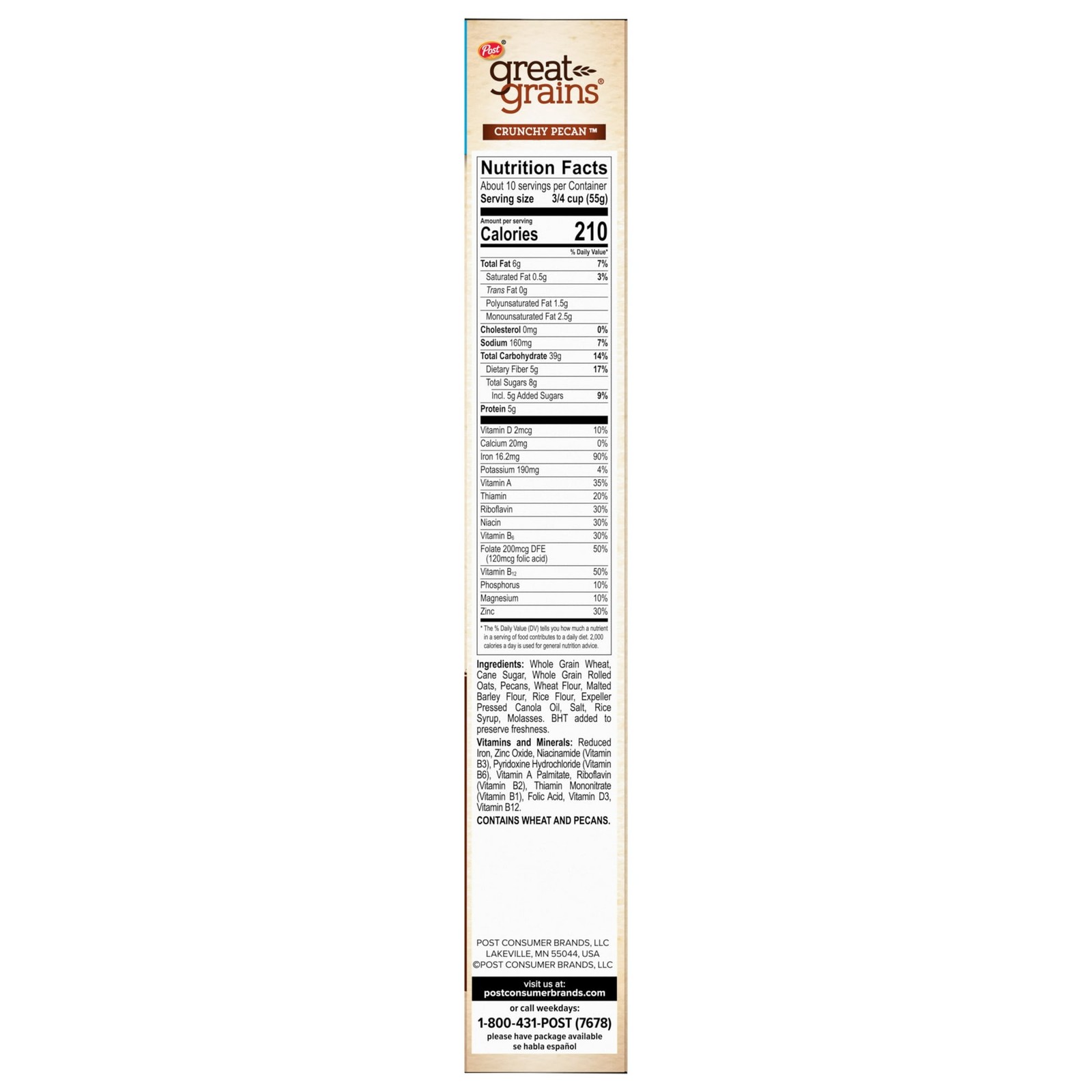 Post Great Grains Crunchy Pecan Cereal Whole Grain Low Fat 19oz