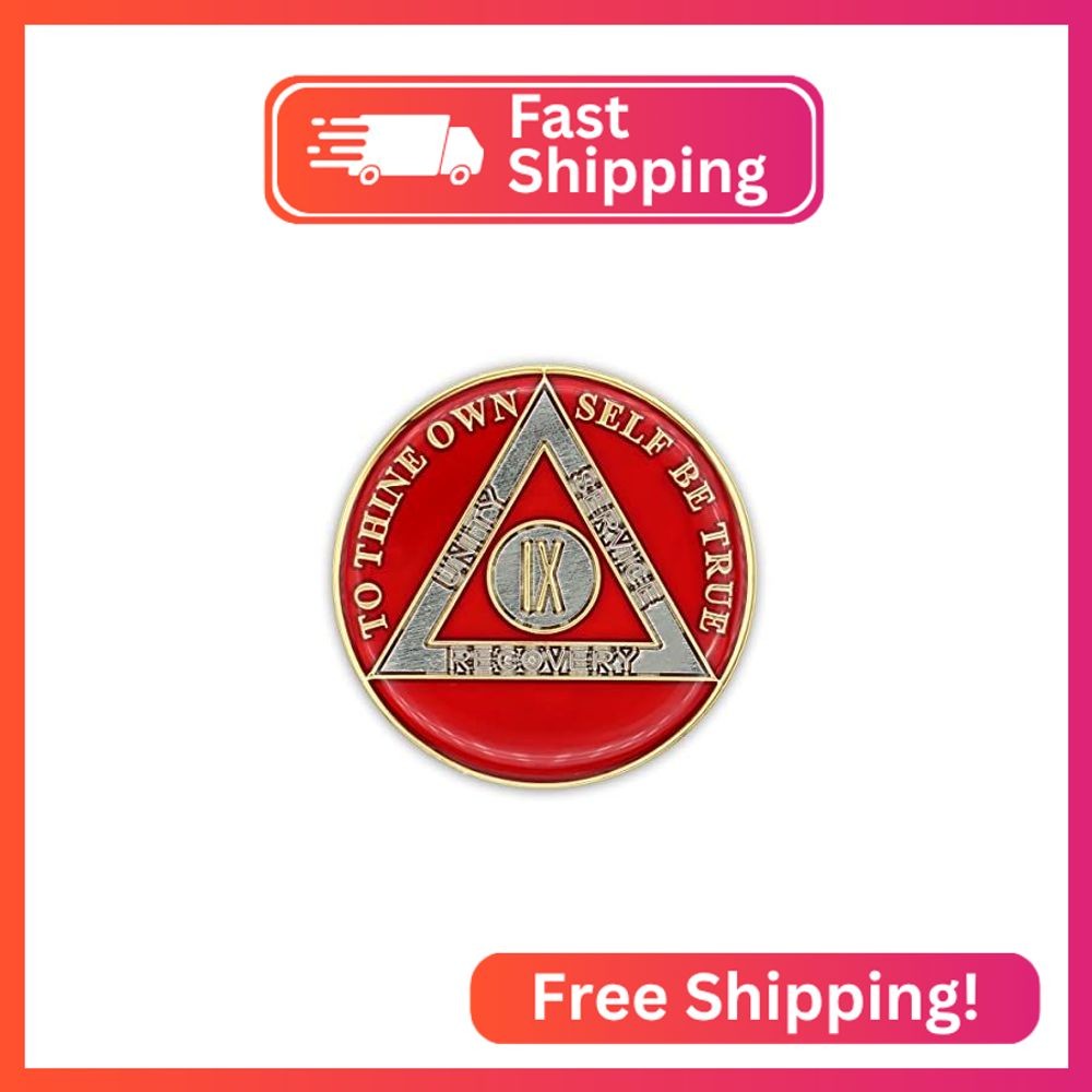 9 Year Sobriety Coin | Triplate AA Chip Recovery Anniversary Token (Red)