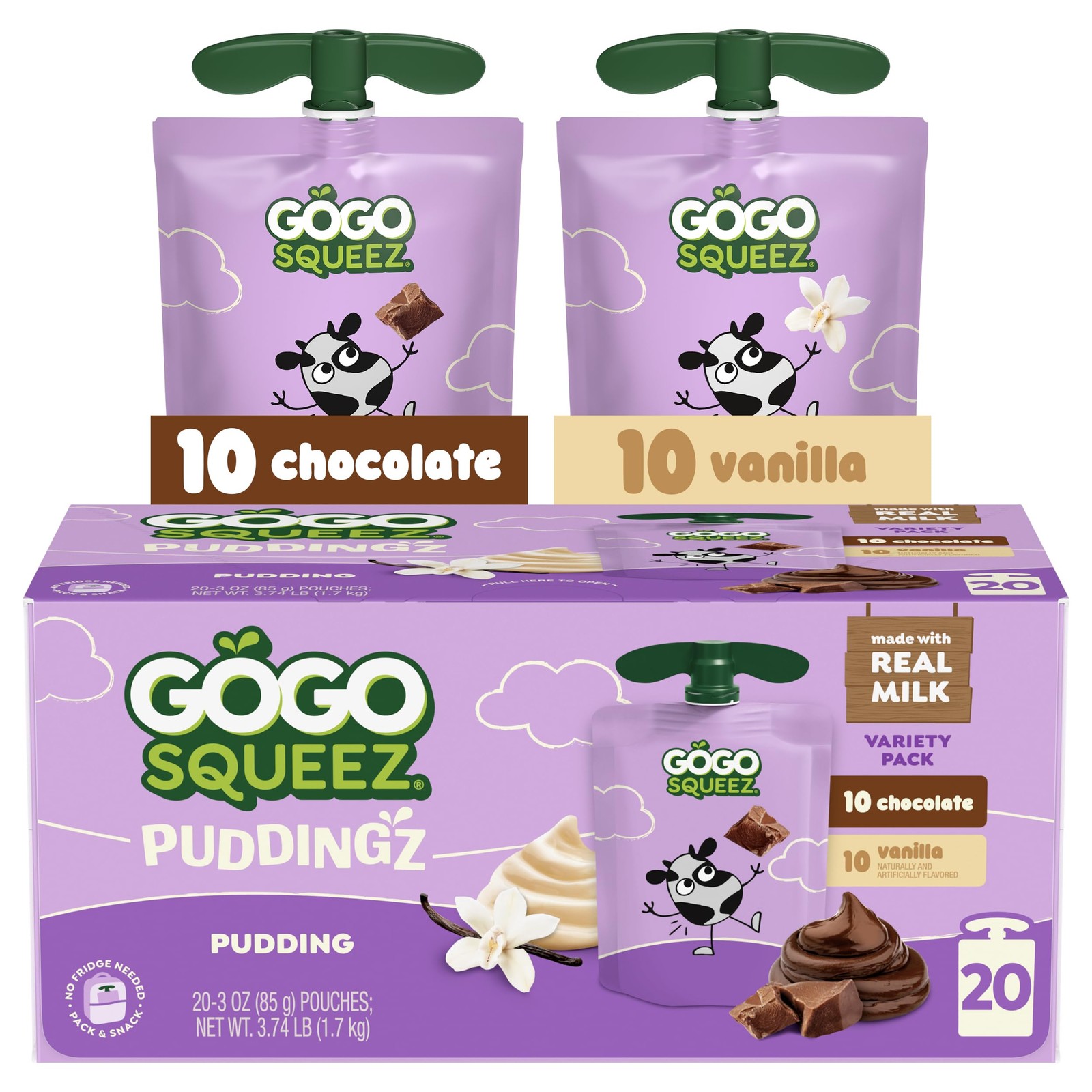 GoGo squeeZ PuddingZ Variety Pack, OntheGo Chocolate and Vanilla Pudding Snac…