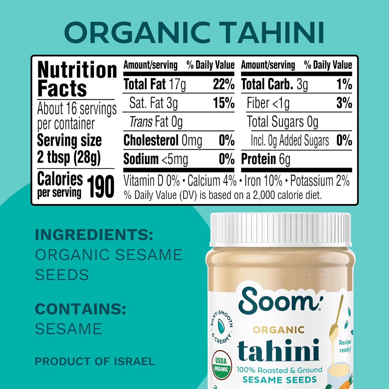Soom Foods Organic Tahini 16oz (2 Pack) | Roasted & Ground Sesame Seed Paste | C