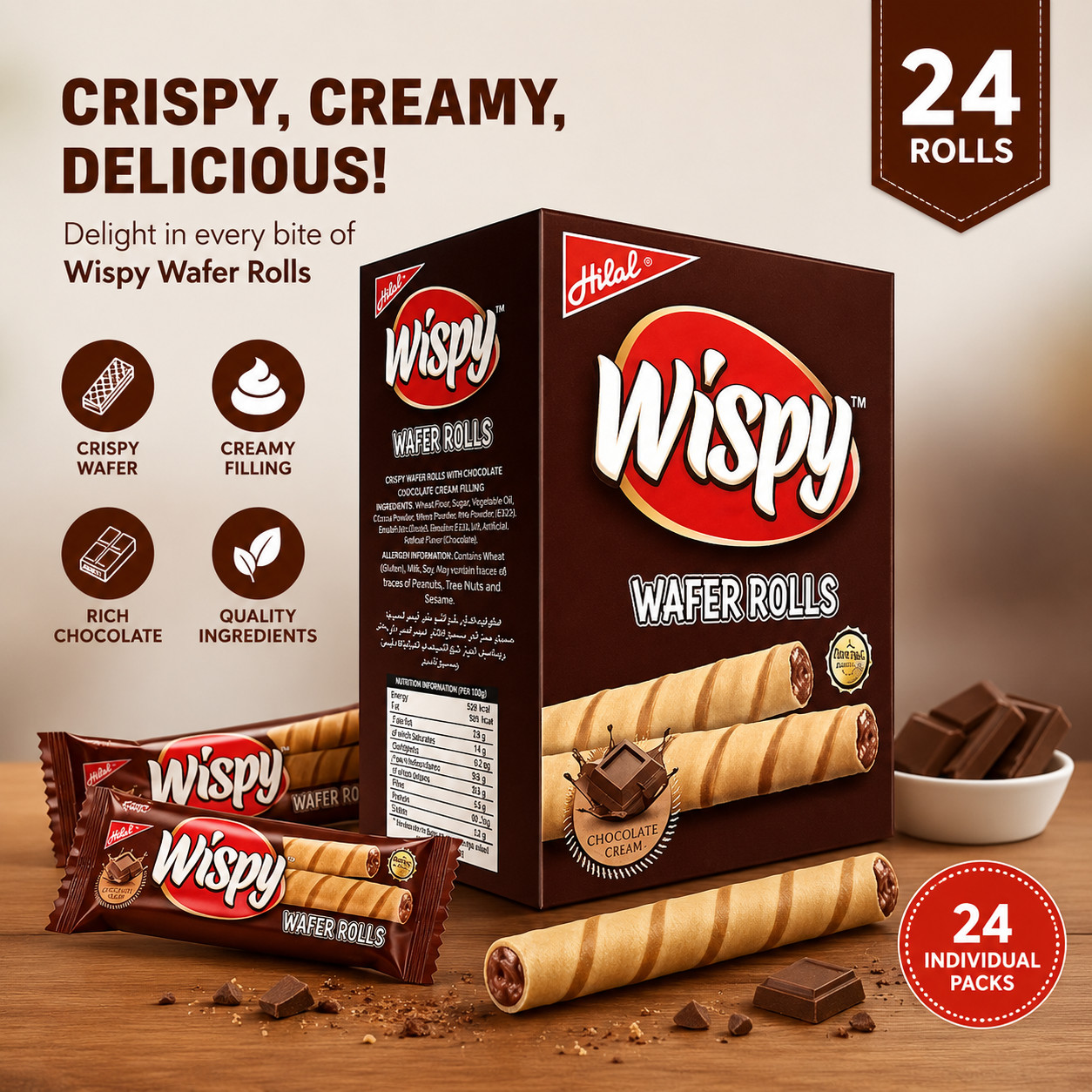 Box of 24 Hilal Wispy Wafer Rolls Chocolate Cream Packs Crispy Chocolate Snack