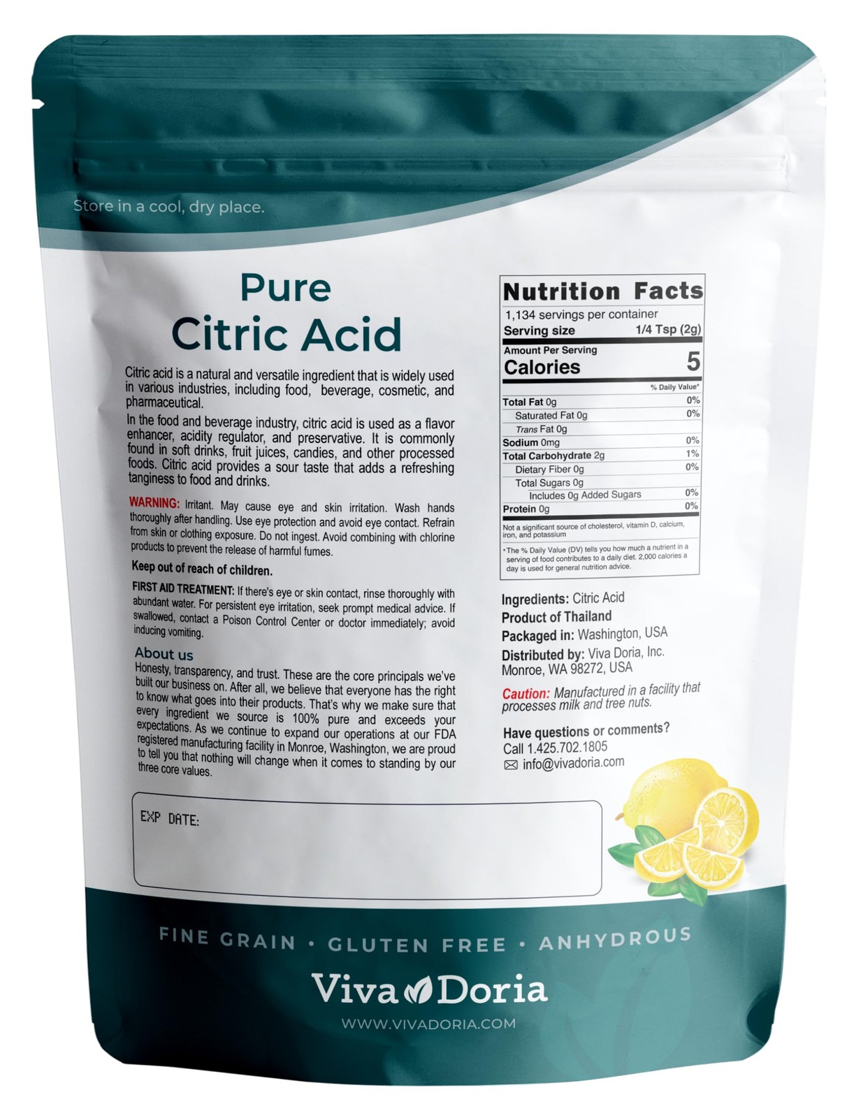 Viva Doria 100% Pure Citric Acid, Food Grade, Fine Grain, 5 Pound (Pack of 1)