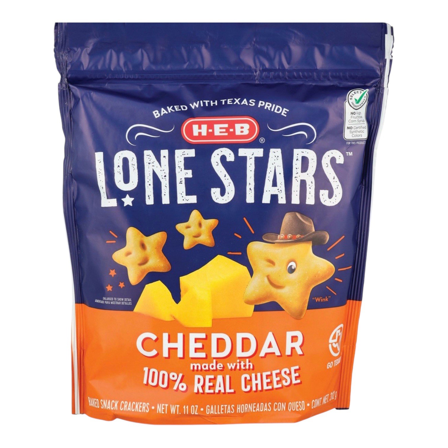 HEB TEXAS Lone Stars Cheddar Baked Puffed Snack Crackers 11oz Bag