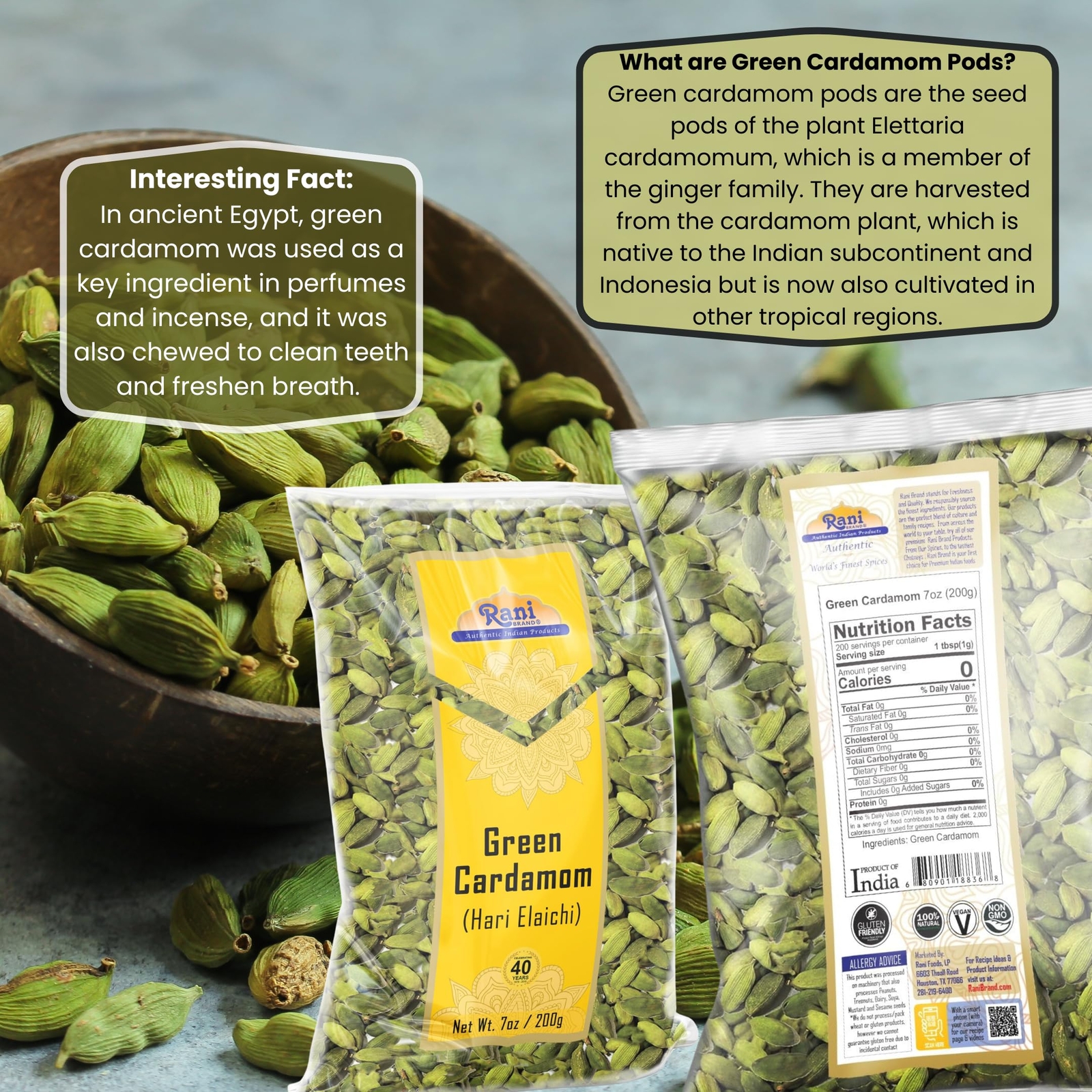 Rani Green Cardamom Pods Spice (Hari Elachi) 7oz (200g)