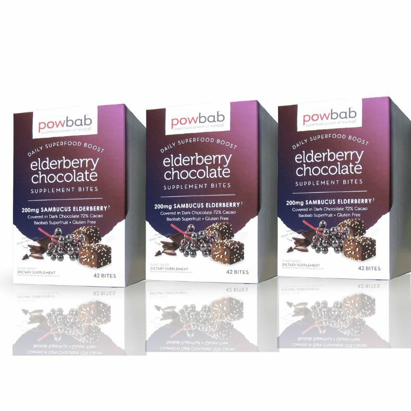 powbab Elderberry Chocolate Bites. Organic Sambucus Elderberry. 33% Less Sugar