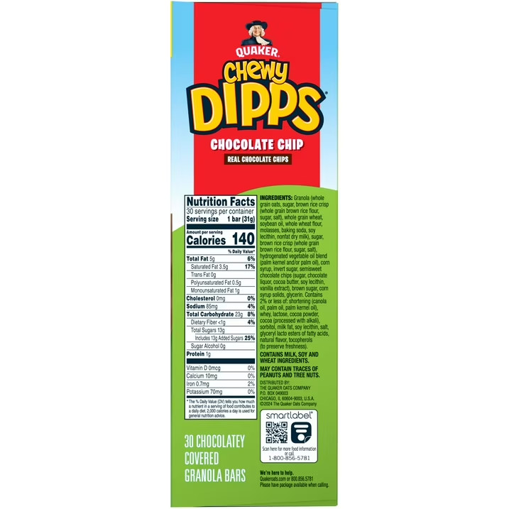 Quaker Chewy Dipps Chocolate Chip Granola Bars, 1.09 oz 30 Count