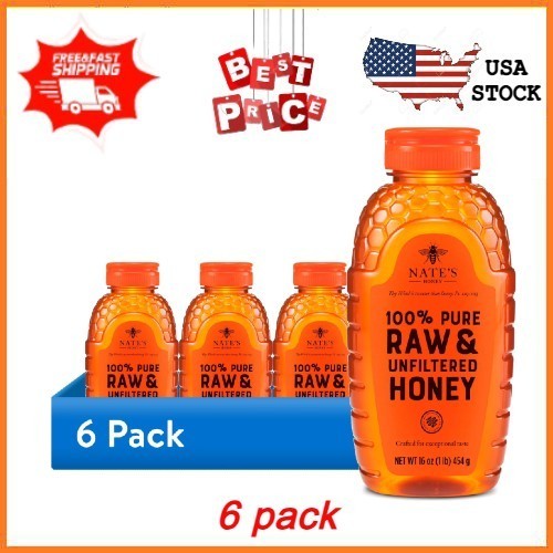 6 pack Nate’s Honey: 100% Pure, Raw and Unfiltered Honey 16 fl oz Gluten-Free