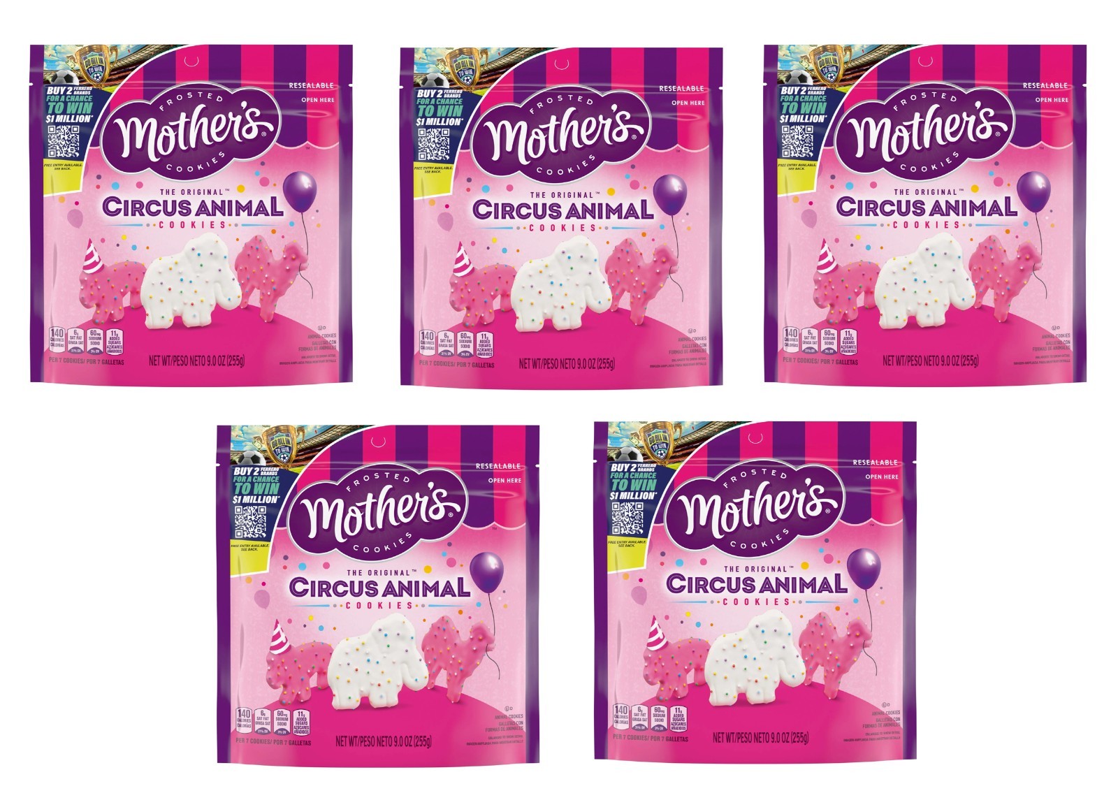 5 Pack Mother’s Circus Animal Cookies 9 oz Resealable Bags – Frosted Pink White