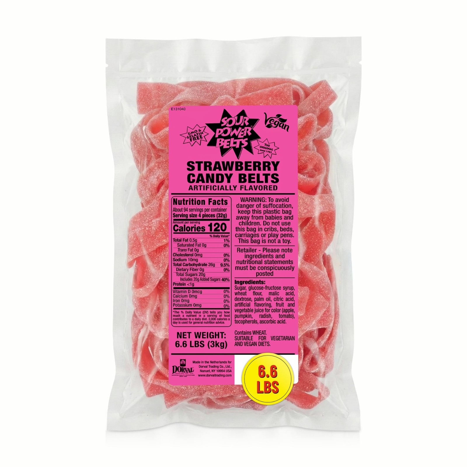 Sour Strawberry Candy Belts – Vegan, Non-GMO, Gelatin-Free – 6.6 lb Bulk Bag – S