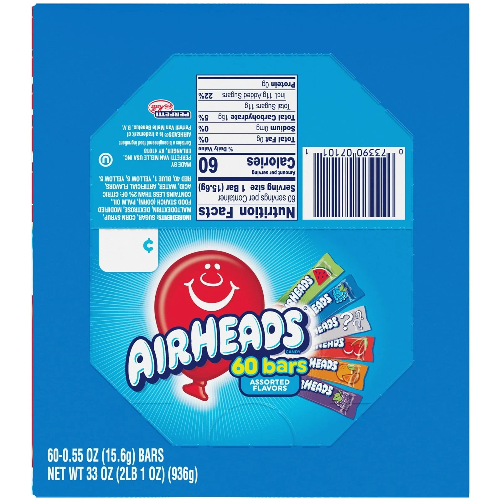 Airheads Chewy Candy Bars, Assorted Flavors, Nut Free, Regular Size, 33 oz, 60 C