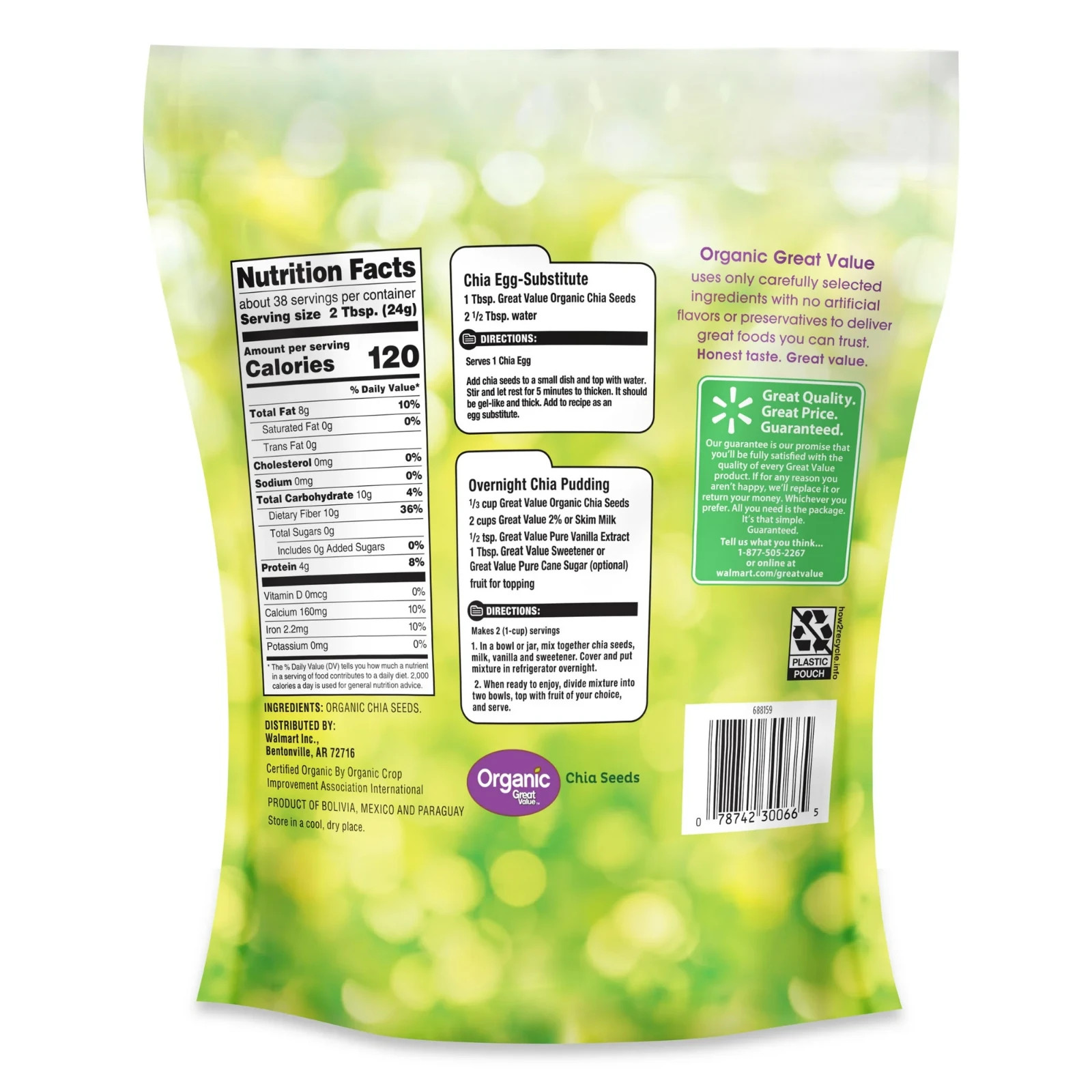 Great Value Organic Chia Seeds 32 oz(907)g USDA Organic, Gluten-Free
