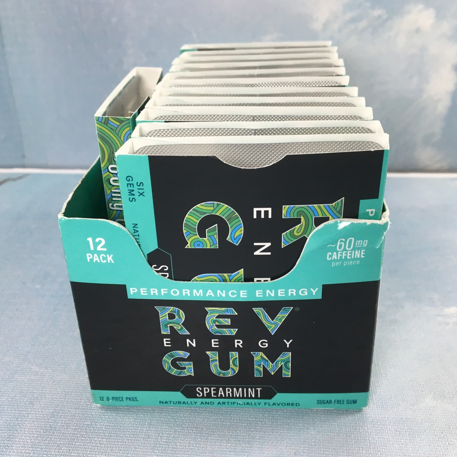 Rev Energy Gum Spearmint 12 Pack, 6 Ct. Each, BB 2/27, 60 mg Caffeine Sugar-Free