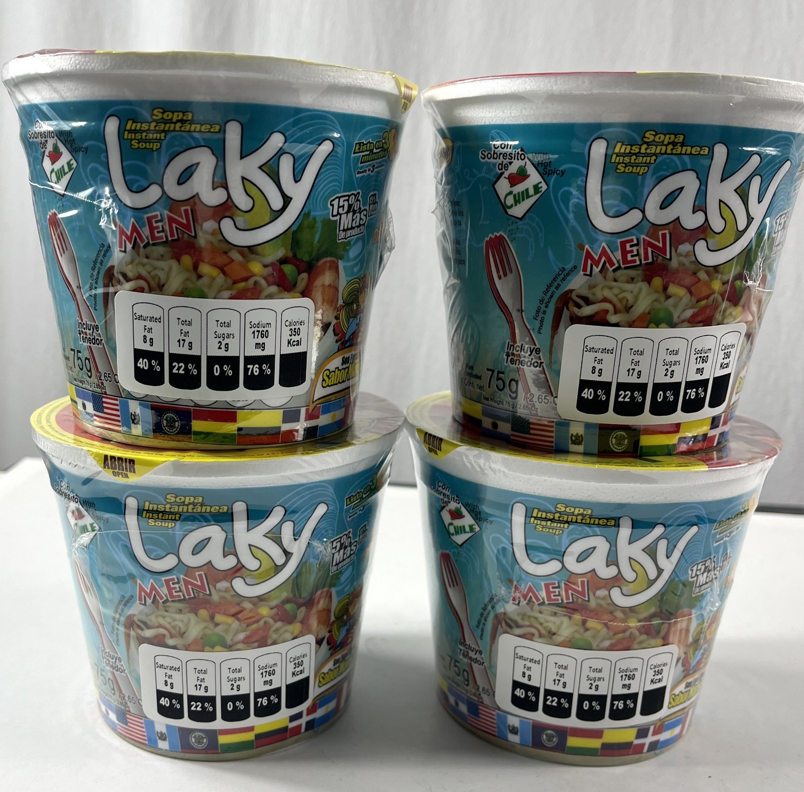 Laky men Sea Food flavor Instant soup 2.65 oz x 4 New. Product of Guatemala