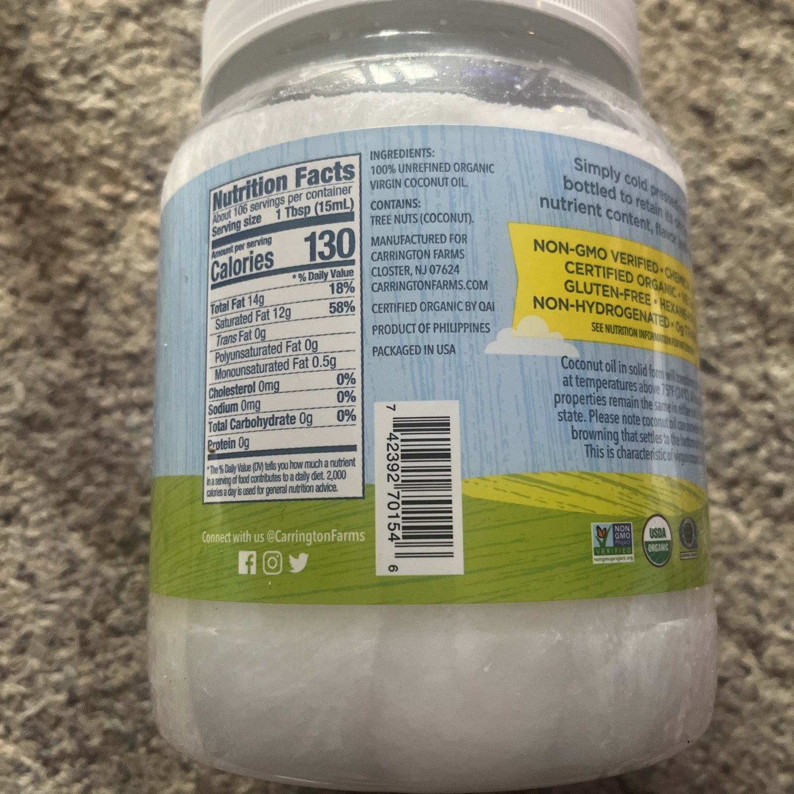 Carrington Farms Unrefined Cold Pressed Virgin Organic Coconut Oil 54 oz