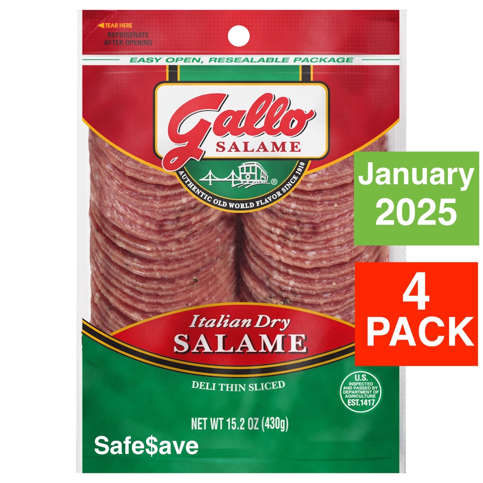 4 PACK Gallo Salame Deli Thin Sliced Italian Dry Salami Lunch Meat, 15.2 oz Each