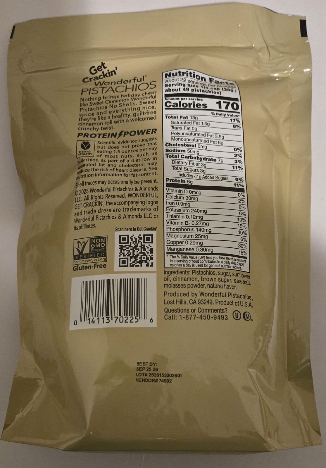 Wonderful Pistachios Sweet Cinnamon Limited Edition No Shells 22 Oz Exp 09/2026