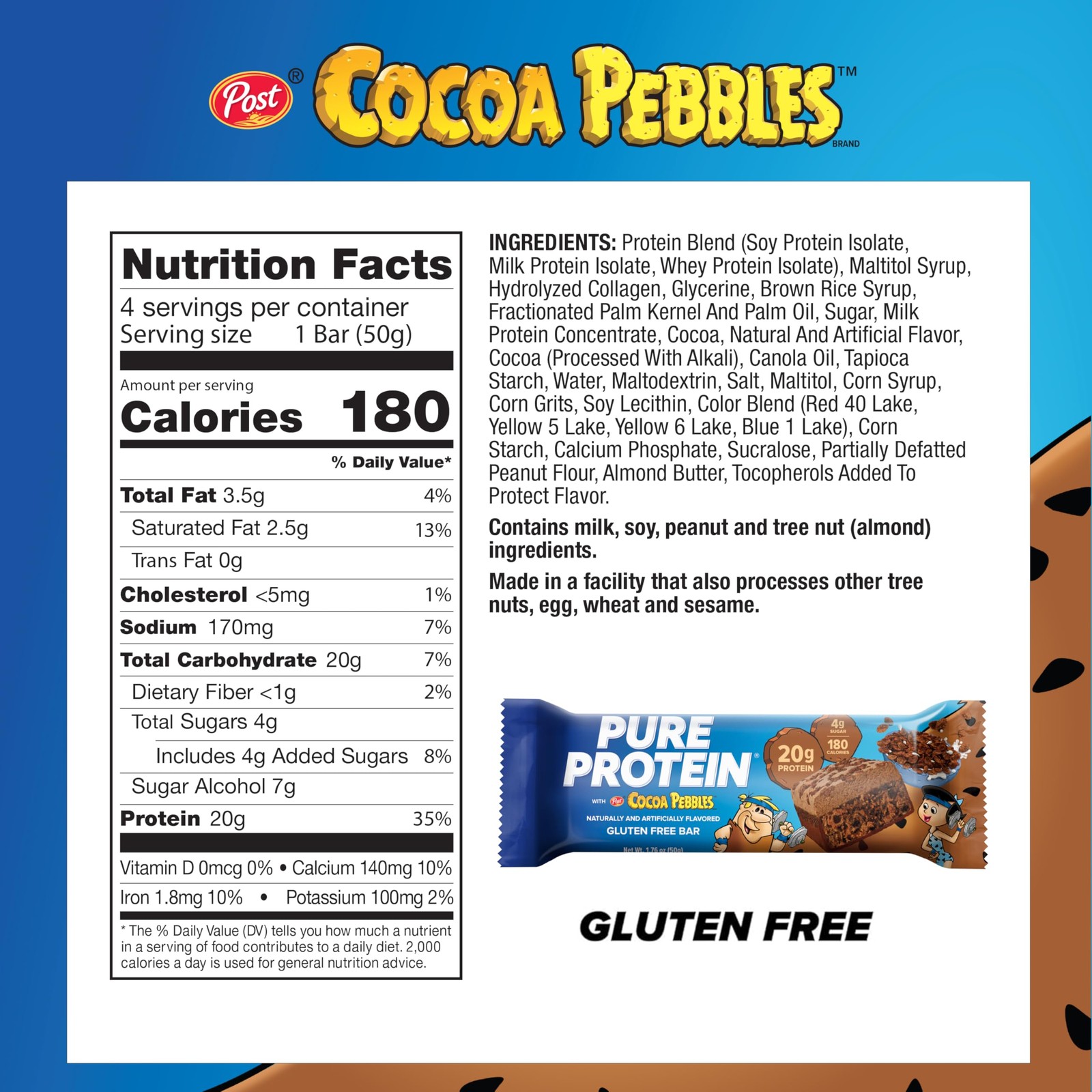 Pure Protein Cocoa PEBBLES™ Bars – 20g 12 Count (Pack of 1), brown