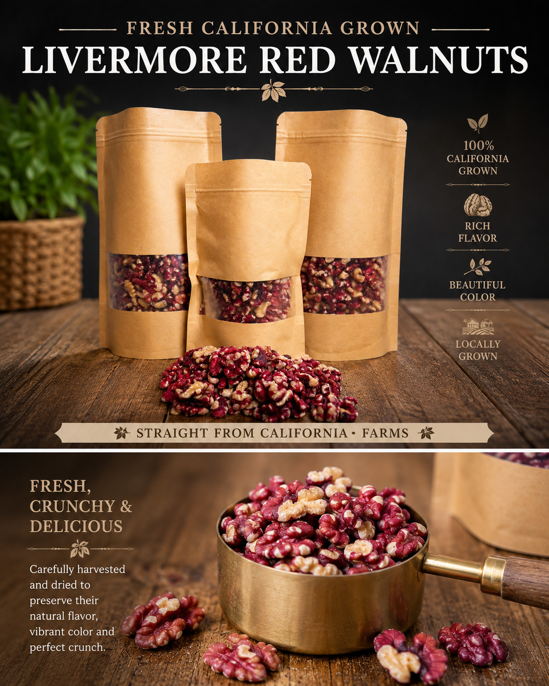 Fresh California Livermore Red Walnut Halves – 8oz or 1lb – Rare Red Kernel