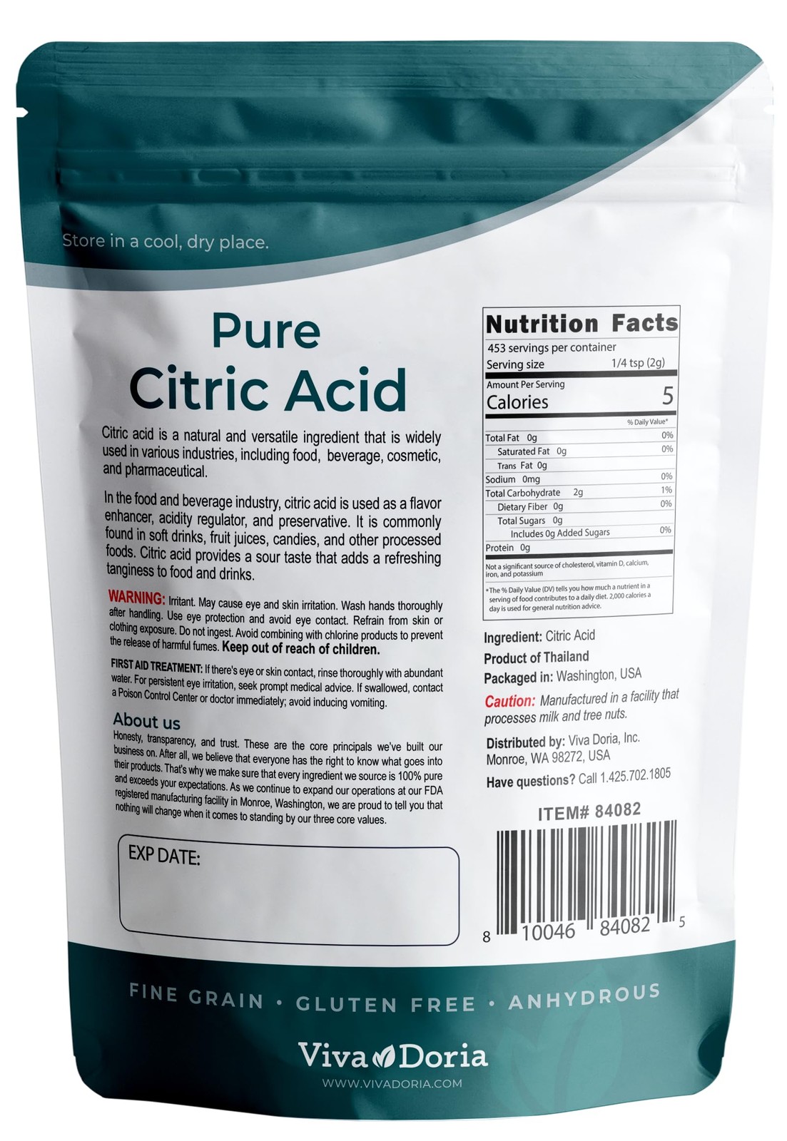 Viva Doria 100% Pure Citric Acid, Food Grade, Fine Grain, 2 Pound (Pack of 1)