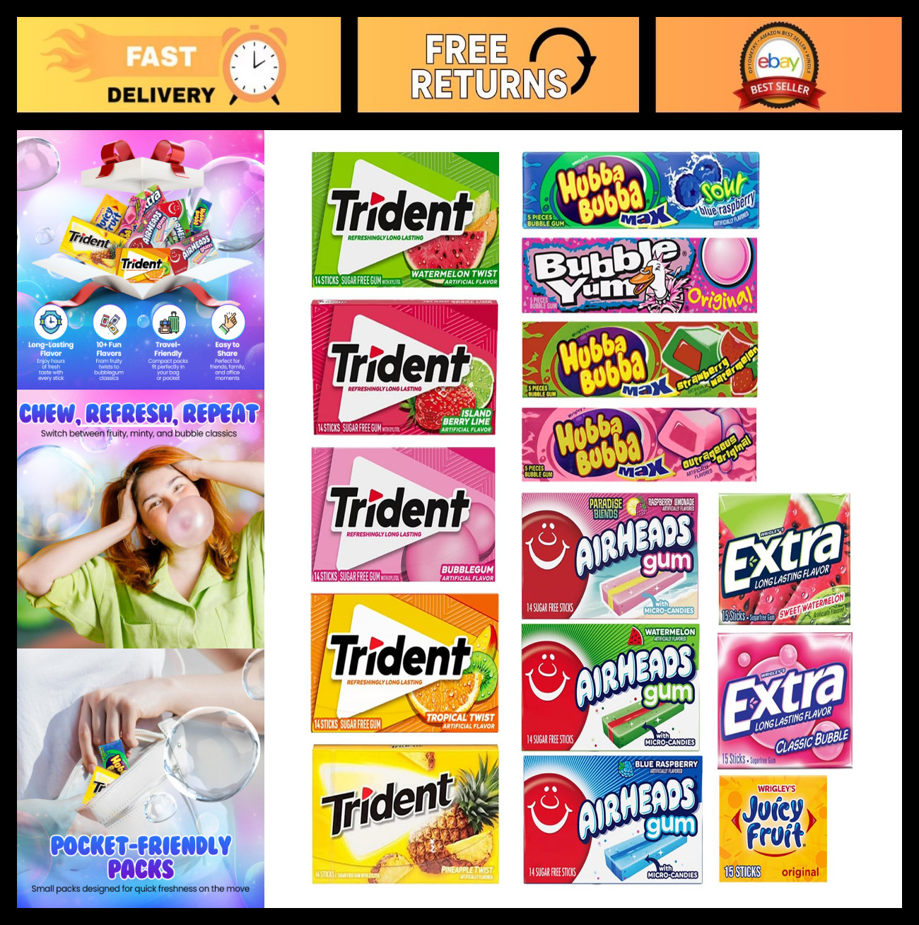 Fruit Flavored Chewing Gum Variety Pack – 15 Assorted Packs, 177 Pieces Total