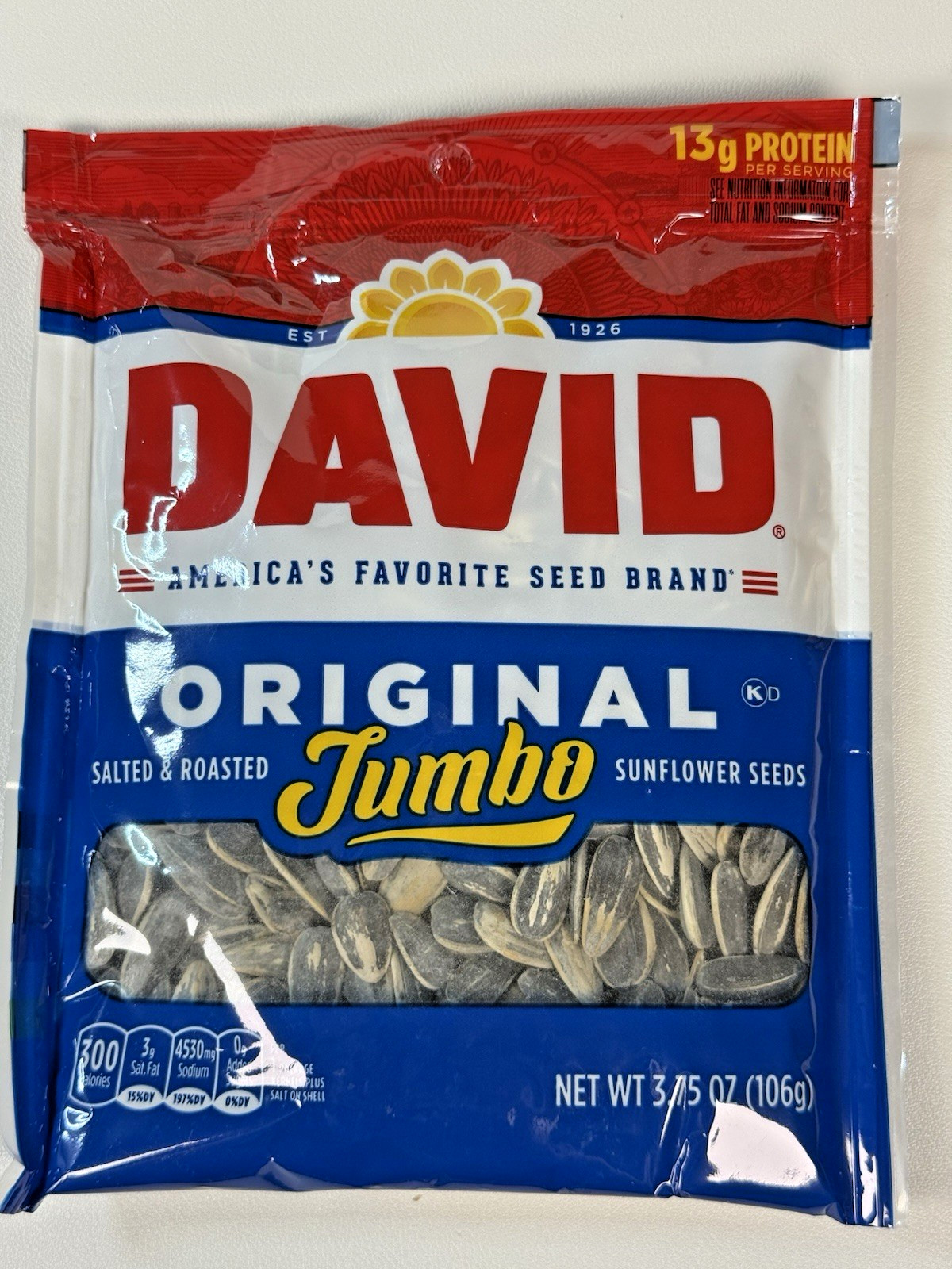 DAVID Roasted & Salted Original Jumbo Sunflower Seeds 3.75 oz Bag
