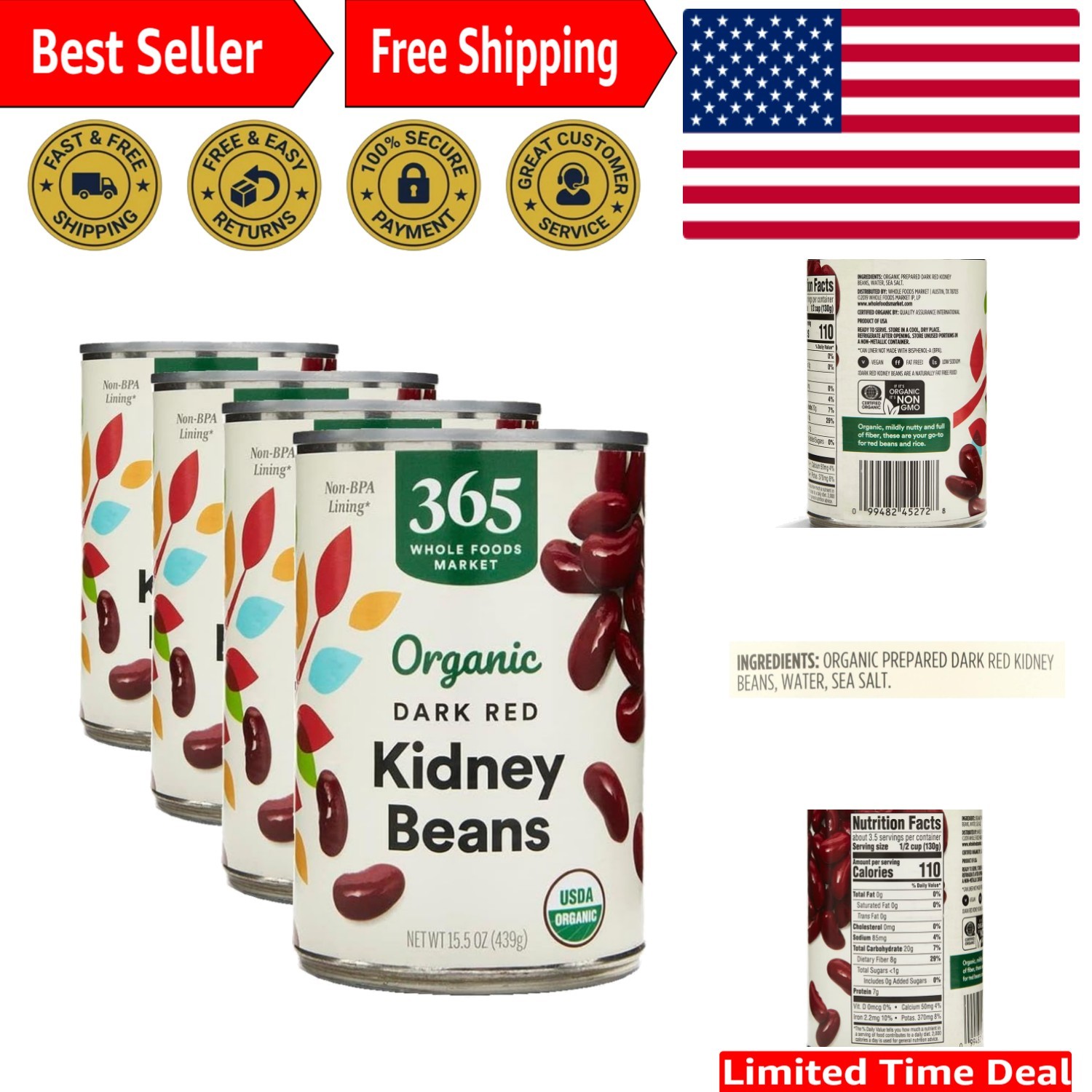 USDA Organic Dark Red Kidney Beans – 15.5 Ounce Pack of 4 – & Low Sodium