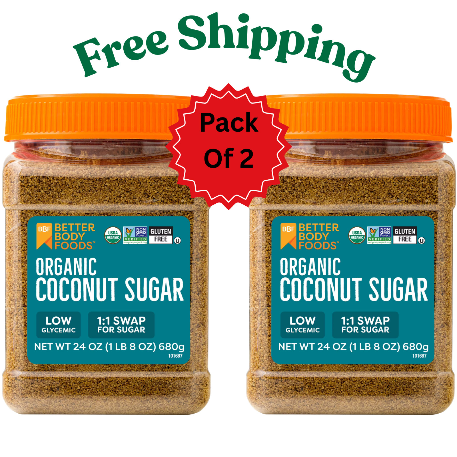 BetterBody Foods Organic Coconut Palm Sugar, 24 Oz New 2 Pack With Free Shipping