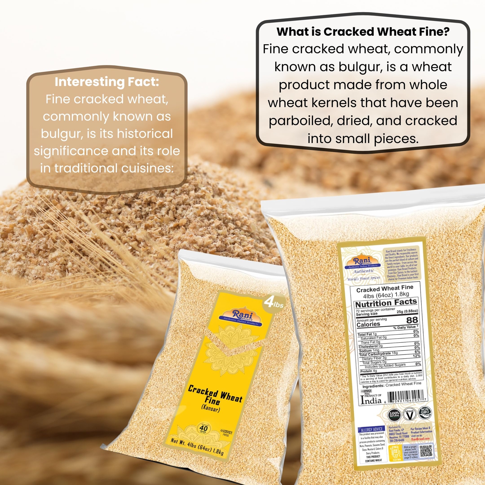 Rani Cracked Wheat Fine (Kansar, Bulgur, Similar to Wheat #1) 4lb (64oz) Bulk
