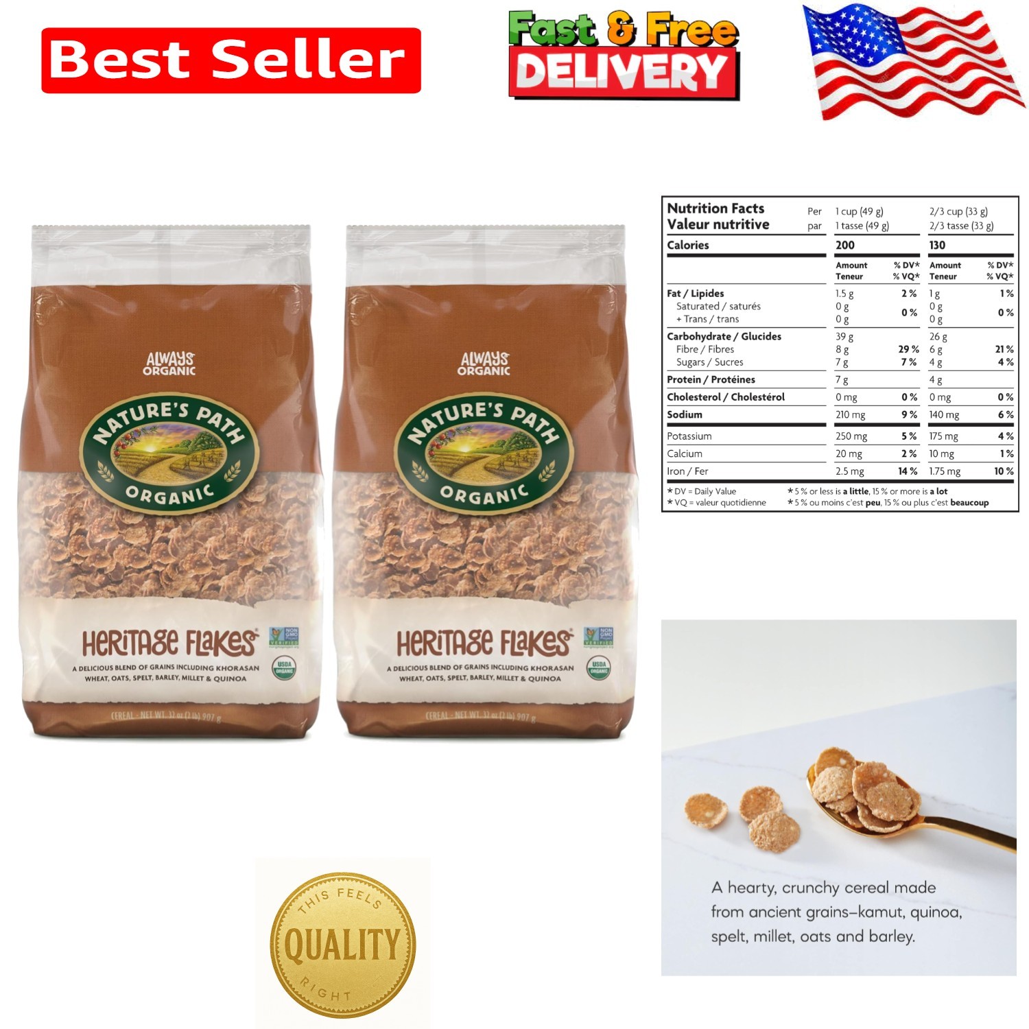 Nature’s Path 32 oz Heritage Flakes – Eco-Friendly, Packed with 6 Ancient Grains