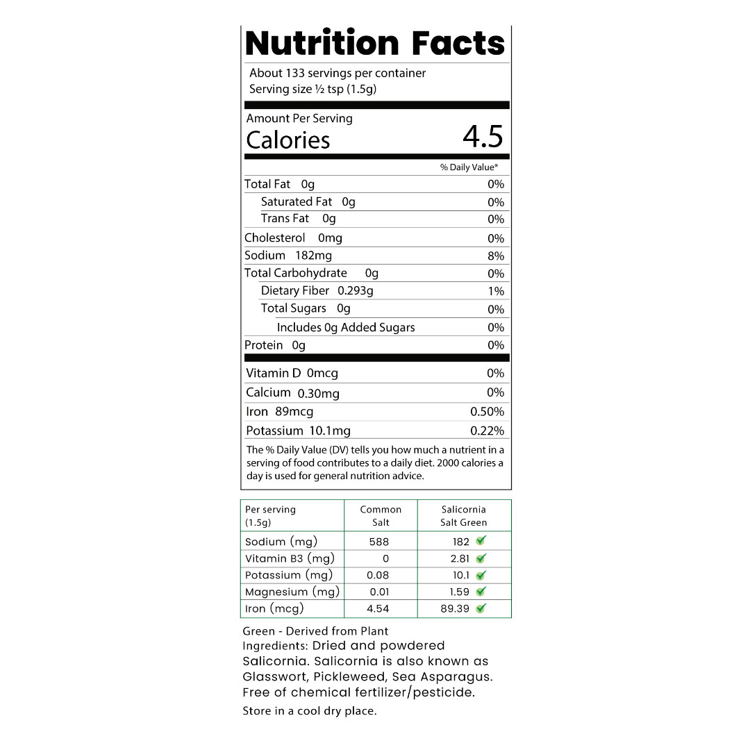 Green Salicornia Salt – Low Sodium Healthy Salt Substitute, Organic, Umami, 7oz