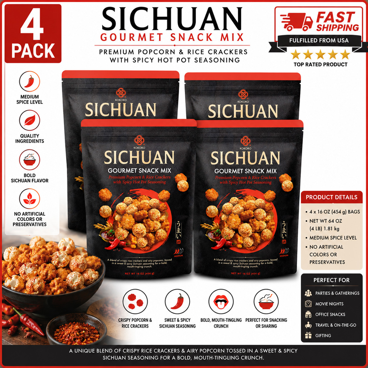 4 Pack Kokoro SICHUAN Gourmet Snack Mix with Spicy Hot Pot Seasoning 16 Oz.