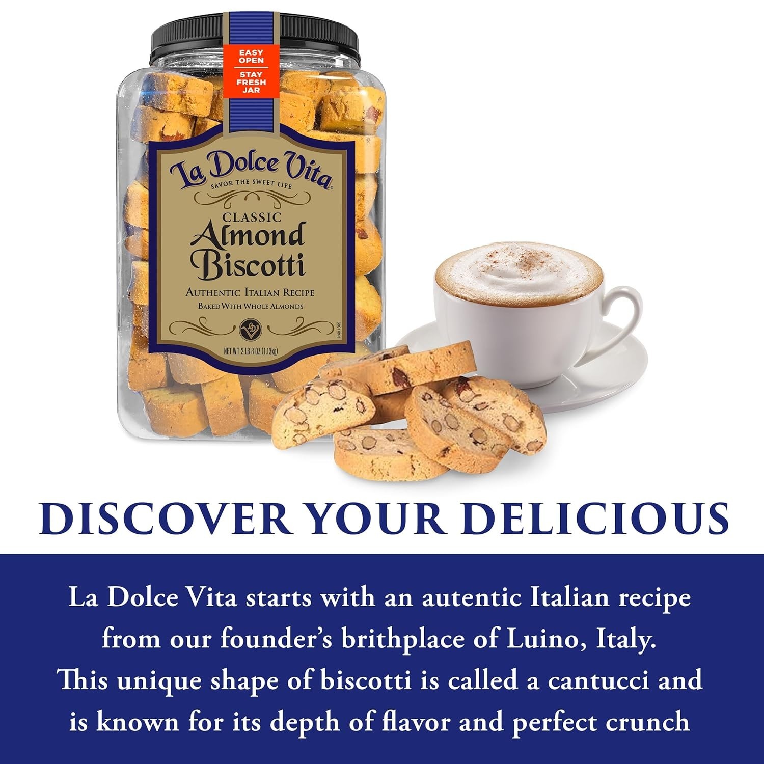 Authentic Italian Almond Biscotti – 40 oz. Jar, No Artificial Ingredients