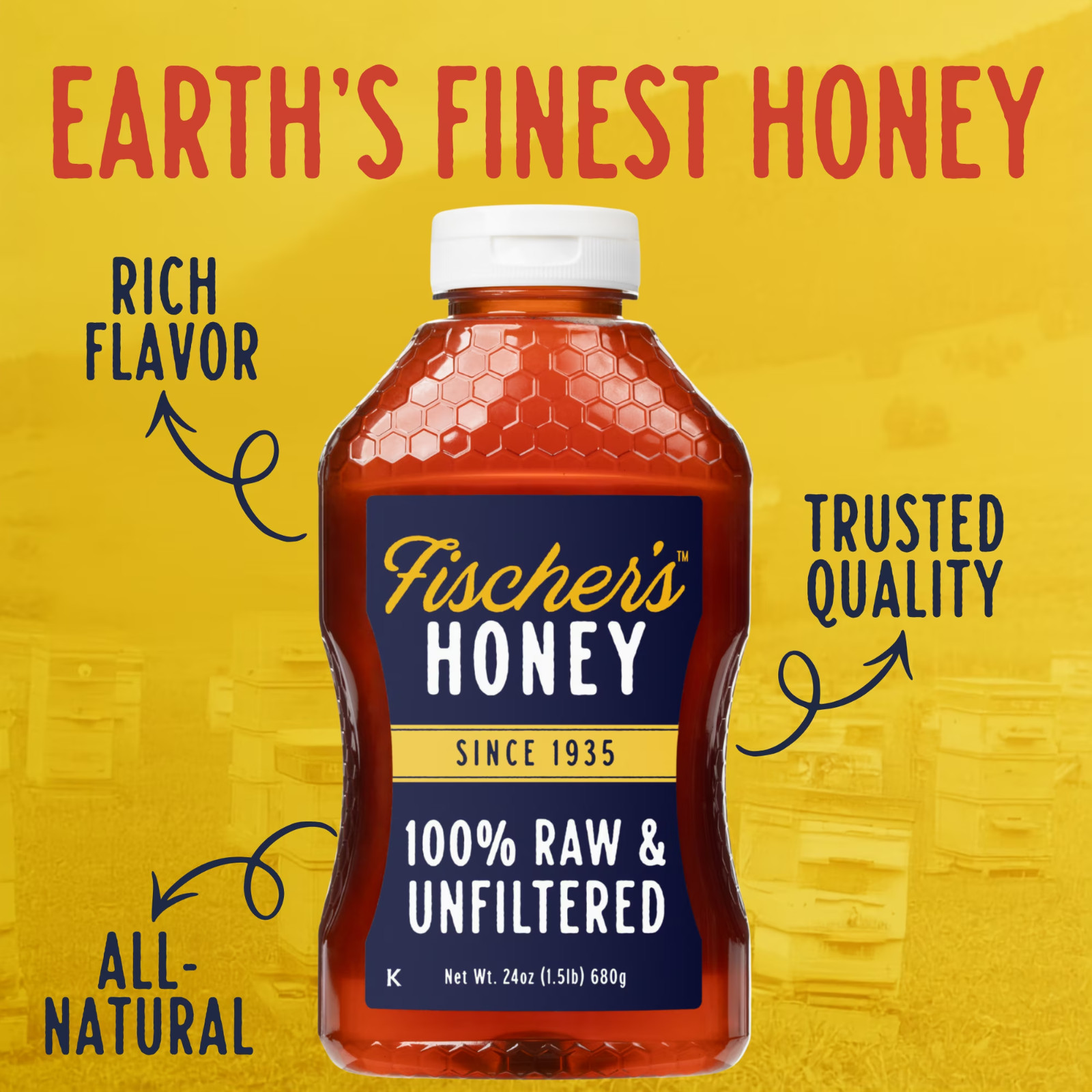 Fischers Honey, 24oz Raw and Unfiltered, Premium, Pure, Squeeze Bottle