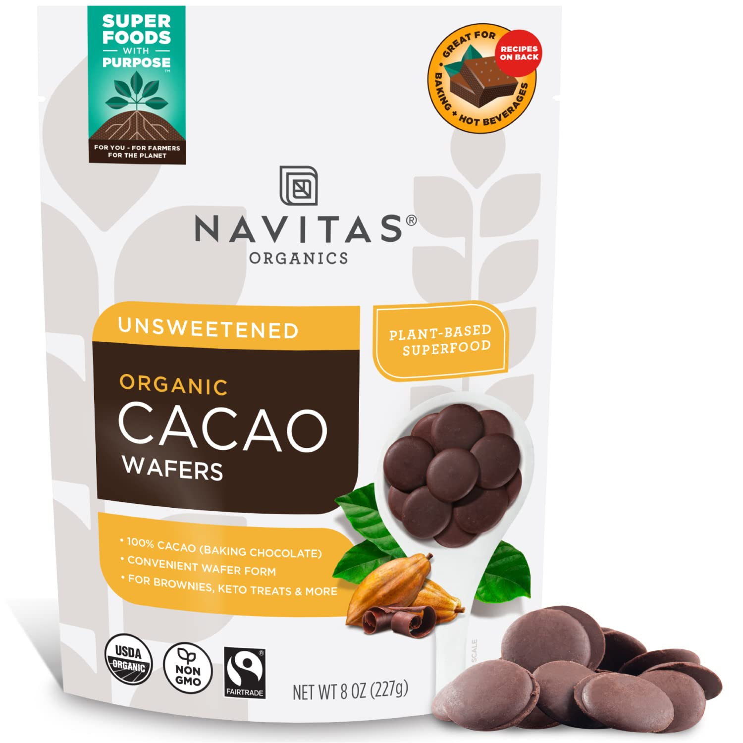Cacao Wafers, 8Oz, Unsweetened Baking Chocolate — Organic, Non-Gmo, Fairtrade, G