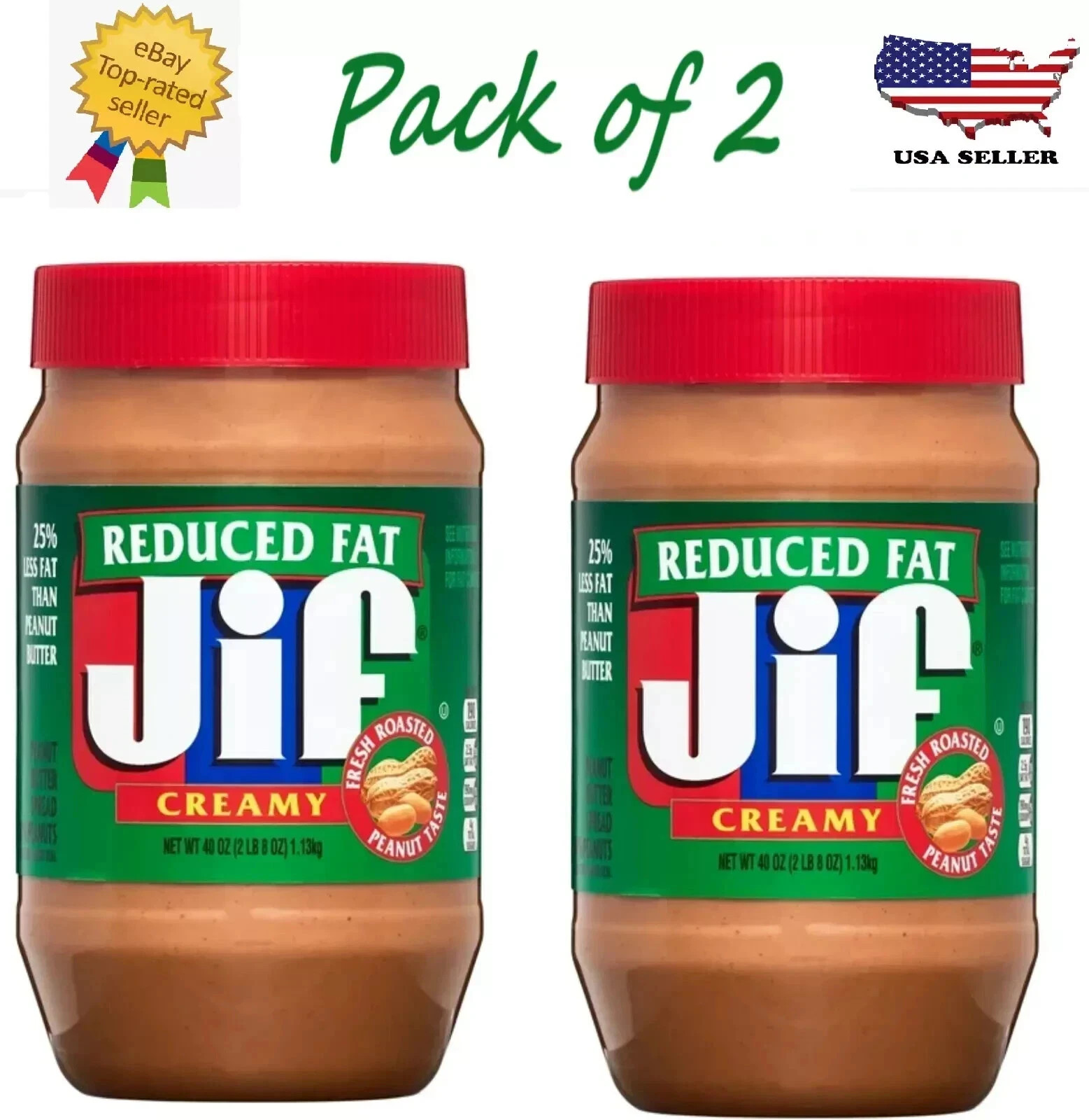 Jif Reduced Fat Creamy Peanut Butter Spread – 60% Peanuts, 40 Ounces (Pack of 2)